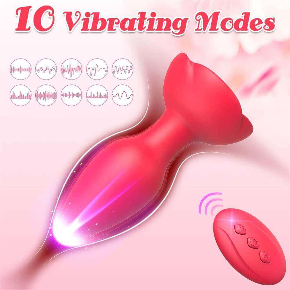 Rose remote control vibrating plug feature graphic showing ten vibration pattern symbols beside the red tapered bud and three-button remote