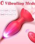 Rose remote control vibrating plug feature graphic showing ten vibration pattern symbols beside the red tapered bud and three-button remote