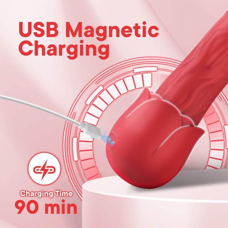 Rear magnetic USB charging connection on the rose-shaped dildo with a 90-minute charging estimate