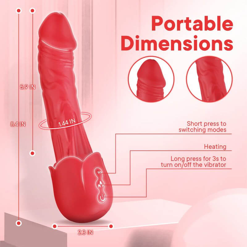 Rose-shaped dildo dimension and control guide showing 8.4-inch overall length, 5.9-inch shaft section, 1.44-inch width label and 2.3-inch base