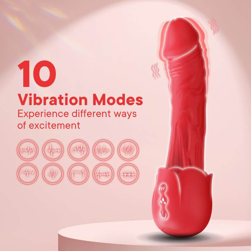 Red rose-base dildo beside ten vibration pattern icons; translucent outlines illustrate motion
