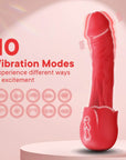 Red rose-base dildo beside ten vibration pattern icons; translucent outlines illustrate motion
