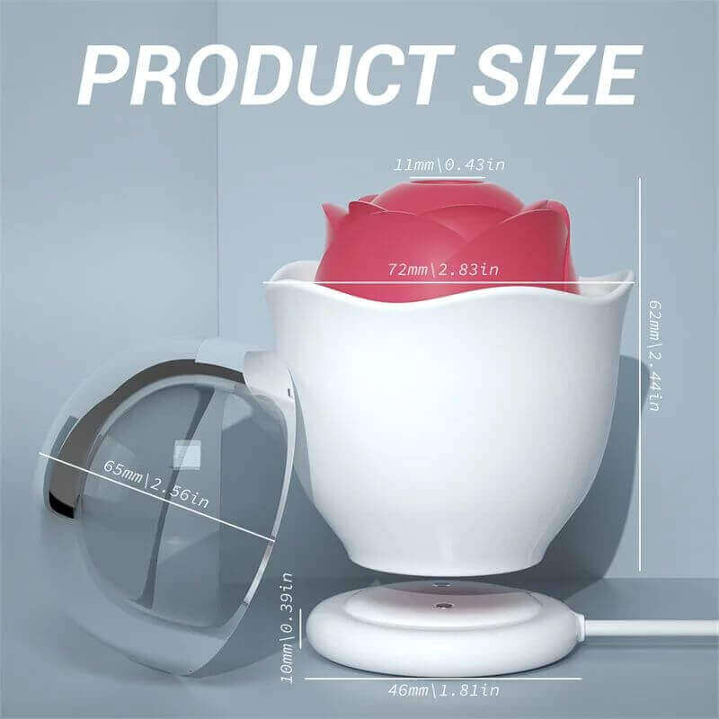 Rose suction toy size diagram showing 72 mm width, 62 mm height, 11 mm opening, clear cover and charging pad
