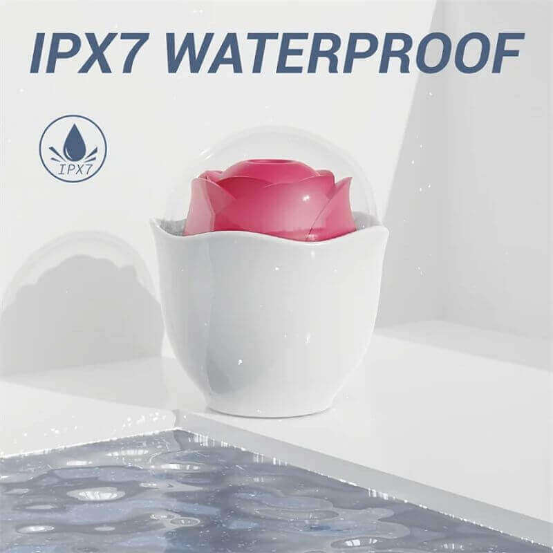 Red rose suction toy in a white holder with water droplets in the listed IPX7 water-resistance illustration
