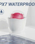 Red rose suction toy in a white holder with water droplets in the listed IPX7 water-resistance illustration