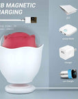 Rose suction toy in a white eggshell-shaped holder on its magnetic USB charging base with charge-time guide