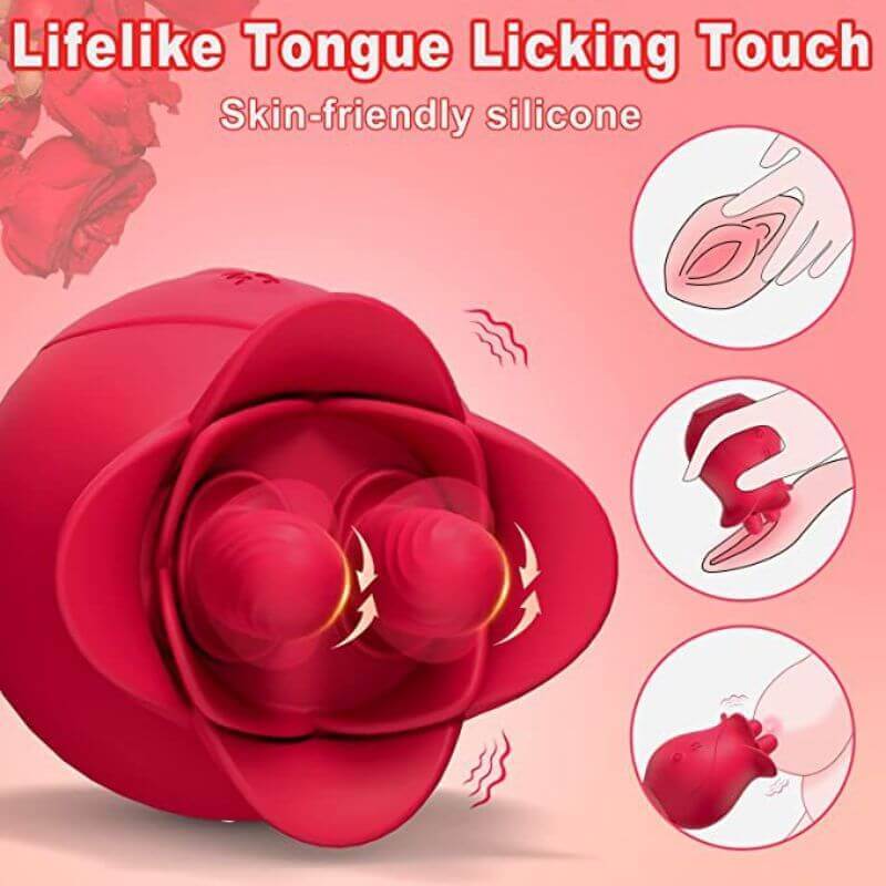 Top view of the Rose Sucker Toy showing two textured moving contact tips within a petal-shaped head