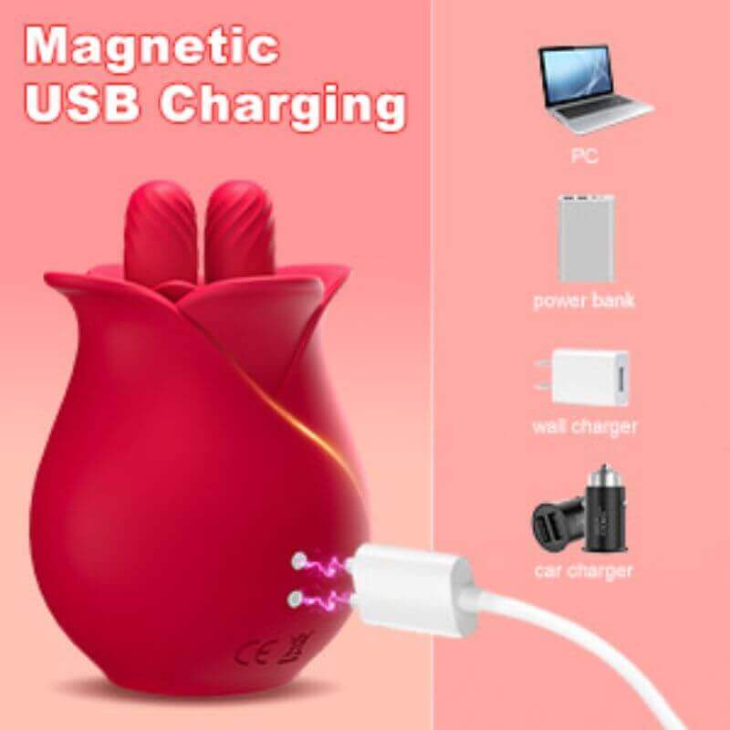 Rose Sucker Toy rear charging contacts aligned with a white magnetic USB charging connector