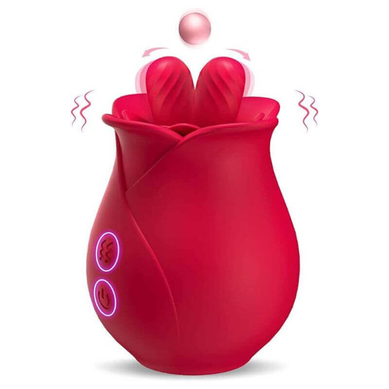 Red Rose Sucker Toy with two raised textured contact tips, petal-shaped head and two front buttons