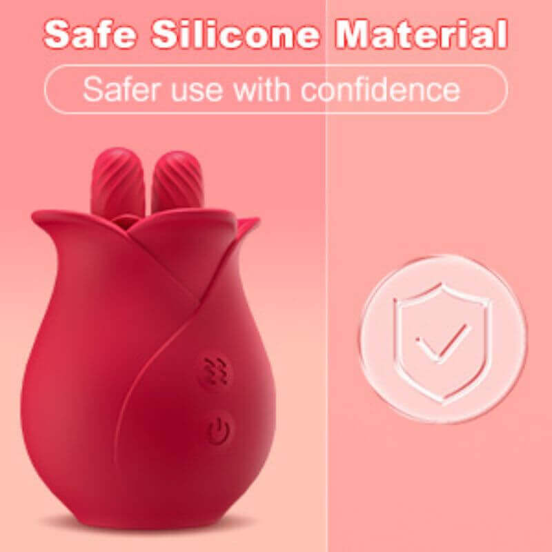 Red silicone Rose Sucker Toy with two textured raised tips and separate mode and power buttons