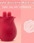 Red silicone Rose Sucker Toy with two textured raised tips and separate mode and power buttons