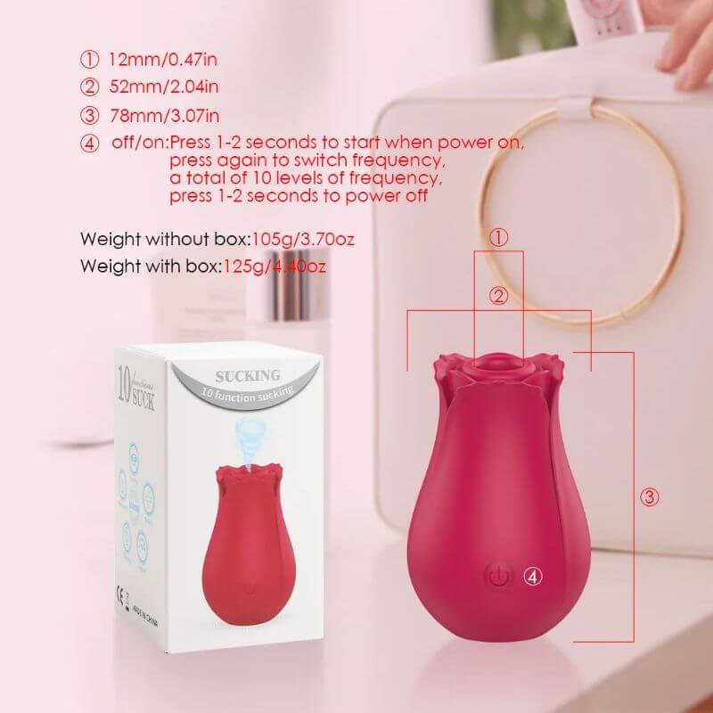 Rose Sucking Toy guide showing 78 mm height, 52 mm width, 12 mm opening, 105 g device weight and one-button operation