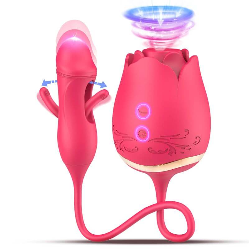 Pink rose suction vibrator with gold trim, two onboard buttons and connected attachment with side fins; arrows illustrate motion