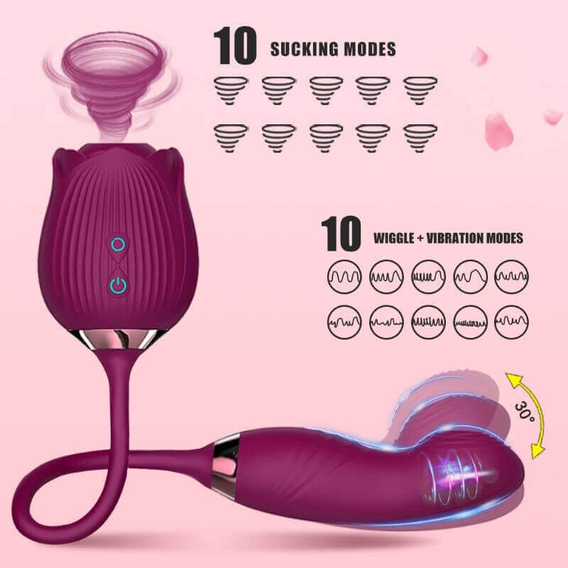 Supplier diagram listing ten suction patterns and ten wiggle-and-vibration patterns; motion graphics are illustrative