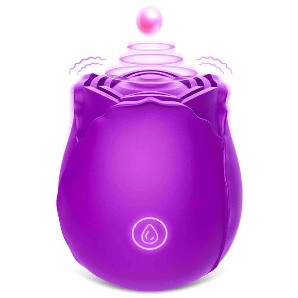 Purple rose tapping stimulator with one front button and illustrated motion above the broad central pad