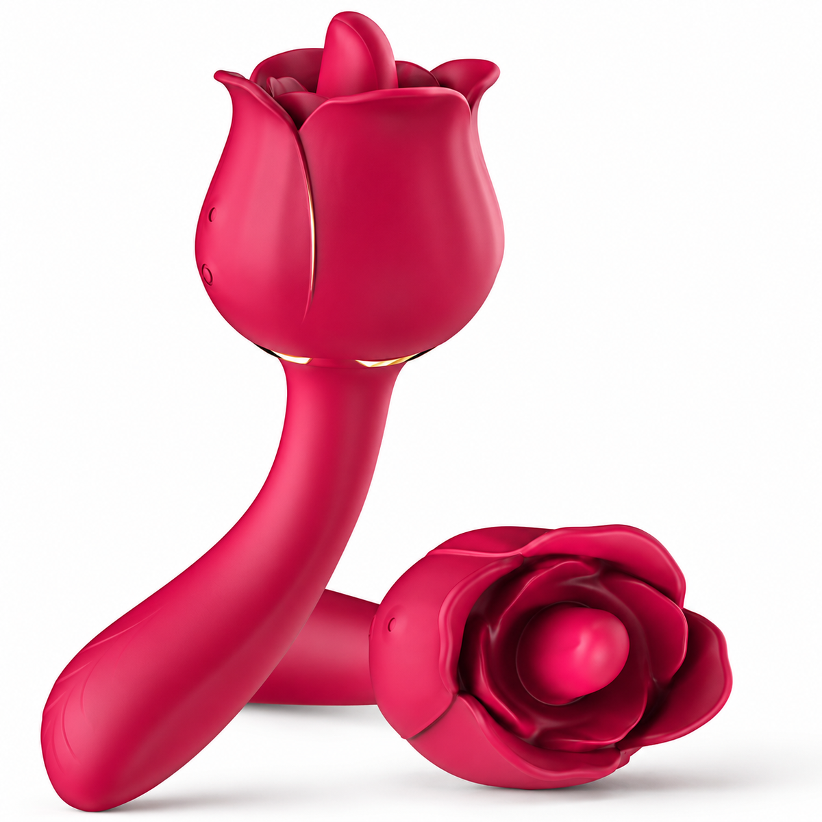 Two views of the same red rose tongue vibrator with a raised tongue, two side buttons, gold-colored trim and a broad curved spoon-shaped stem