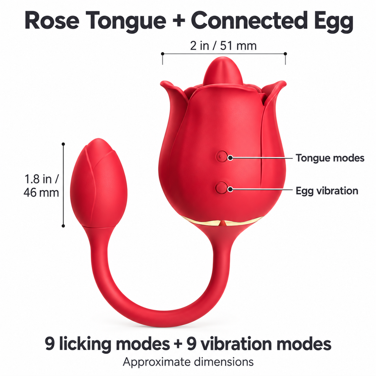 Rose tongue and connected egg guide showing approximately 2-inch rose width, 1.8-inch egg length, upper tongue button and lower egg vibration button