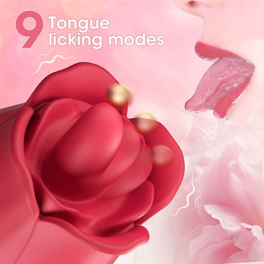Close-up of the raised tongue inside the connected-egg rose vibrator, with a caption listing nine tongue-licking modes