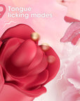 Close-up of the raised tongue inside the connected-egg rose vibrator, with a caption listing nine tongue-licking modes