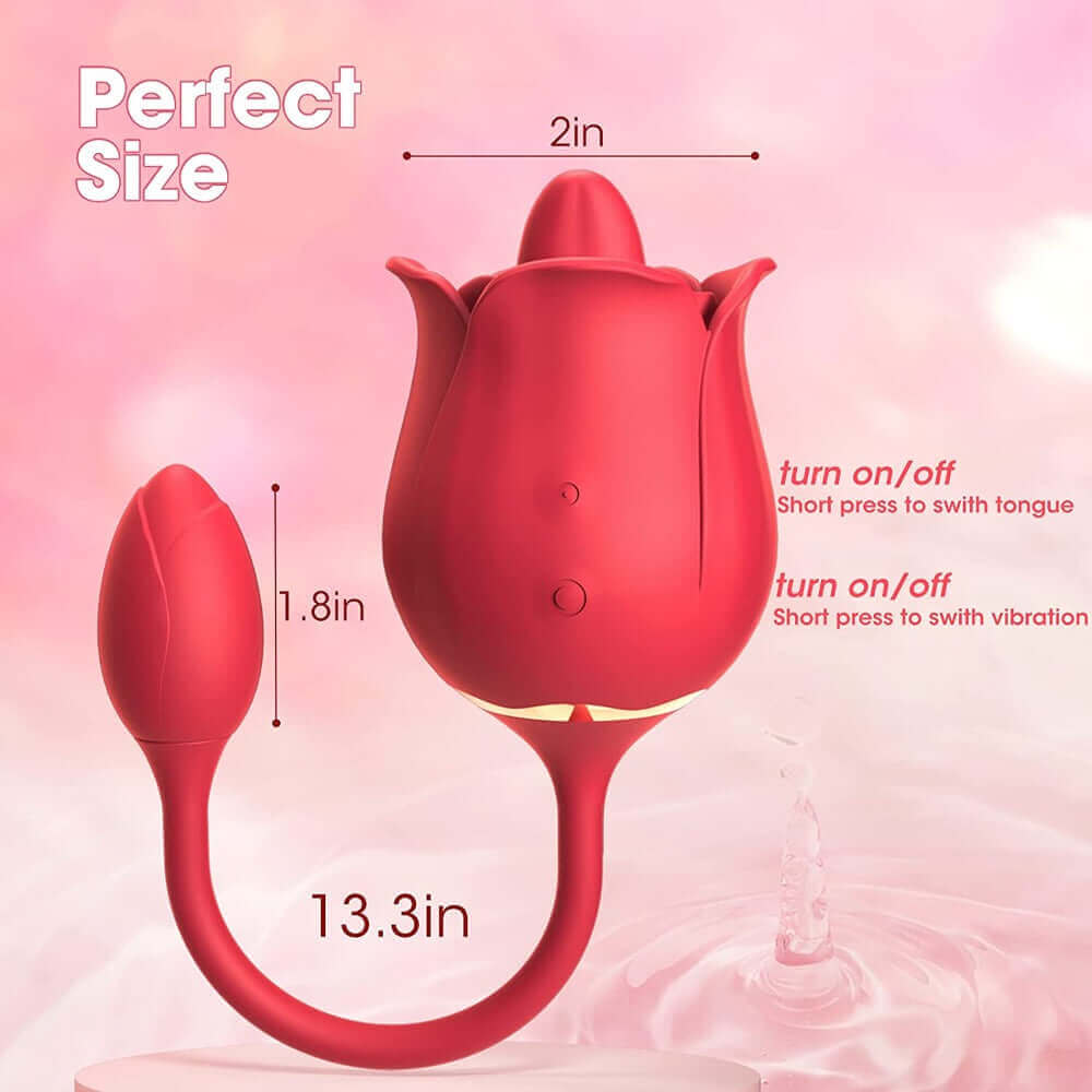 Connected-egg rose tongue vibrator size and control diagram showing a 2-inch rose width, 1.8-inch egg length and separate tongue and vibration buttons
