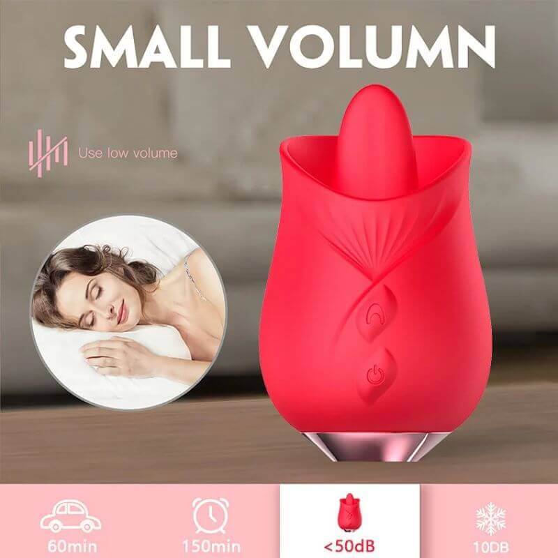 Front view of the red Rose Tongue showing raised contact point, tongue-mode button, power button and silver-colored base