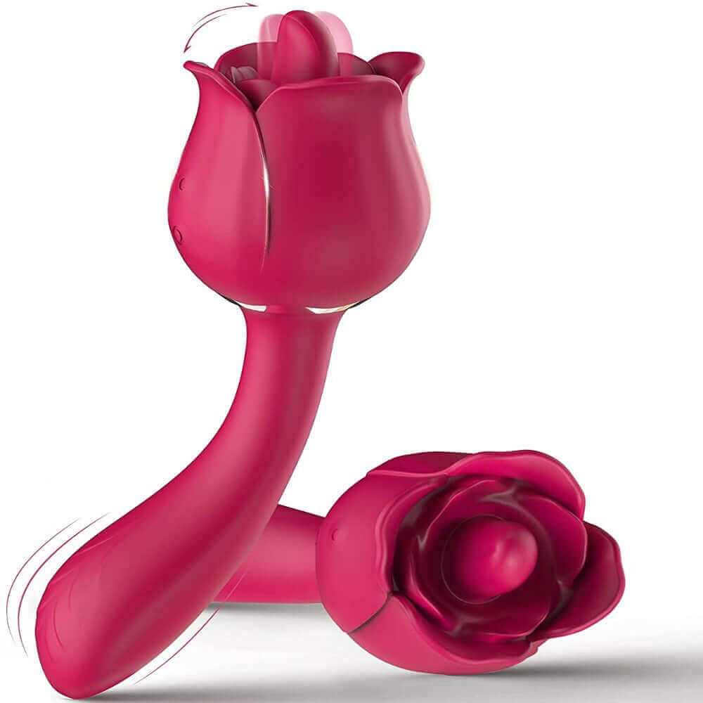 Red rose tongue vibrator shown upright and on its side, with a raised tongue, two side buttons and a broad curved opposite stem