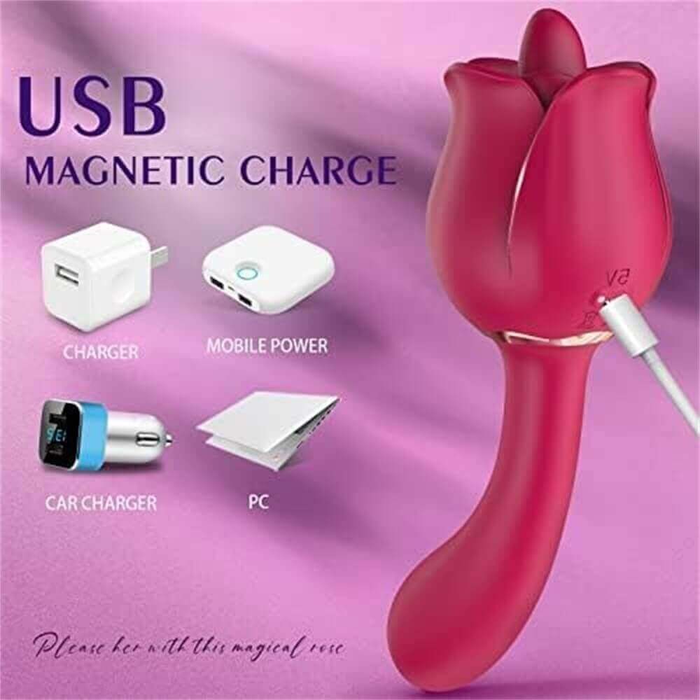 Rear charging illustration of the rose tongue vibrator showing the attached magnetic USB cable below the flower petals and above the curved stem