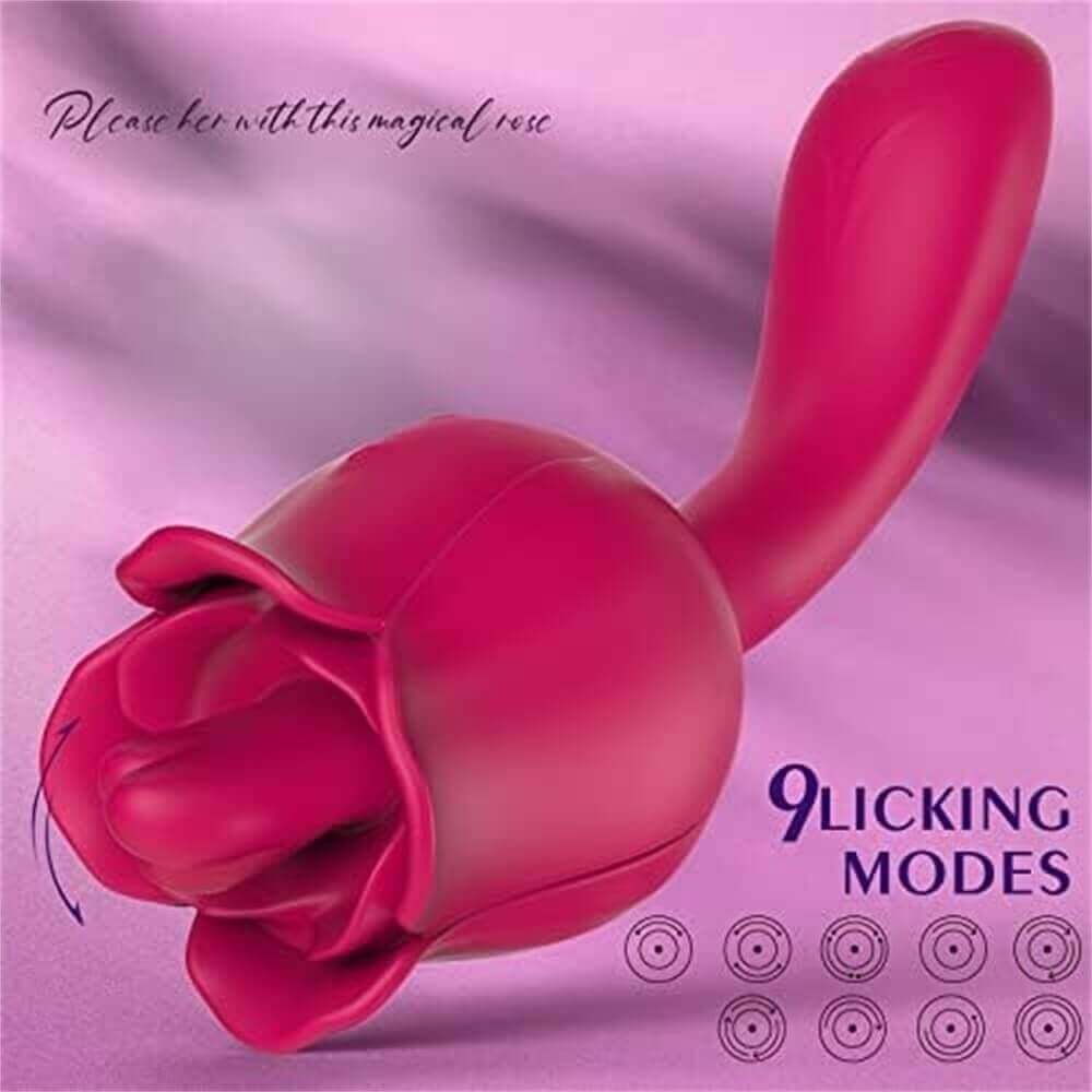 Rose tongue vibrator pictured on its side with a broad curved stem and a guide showing nine licking modes