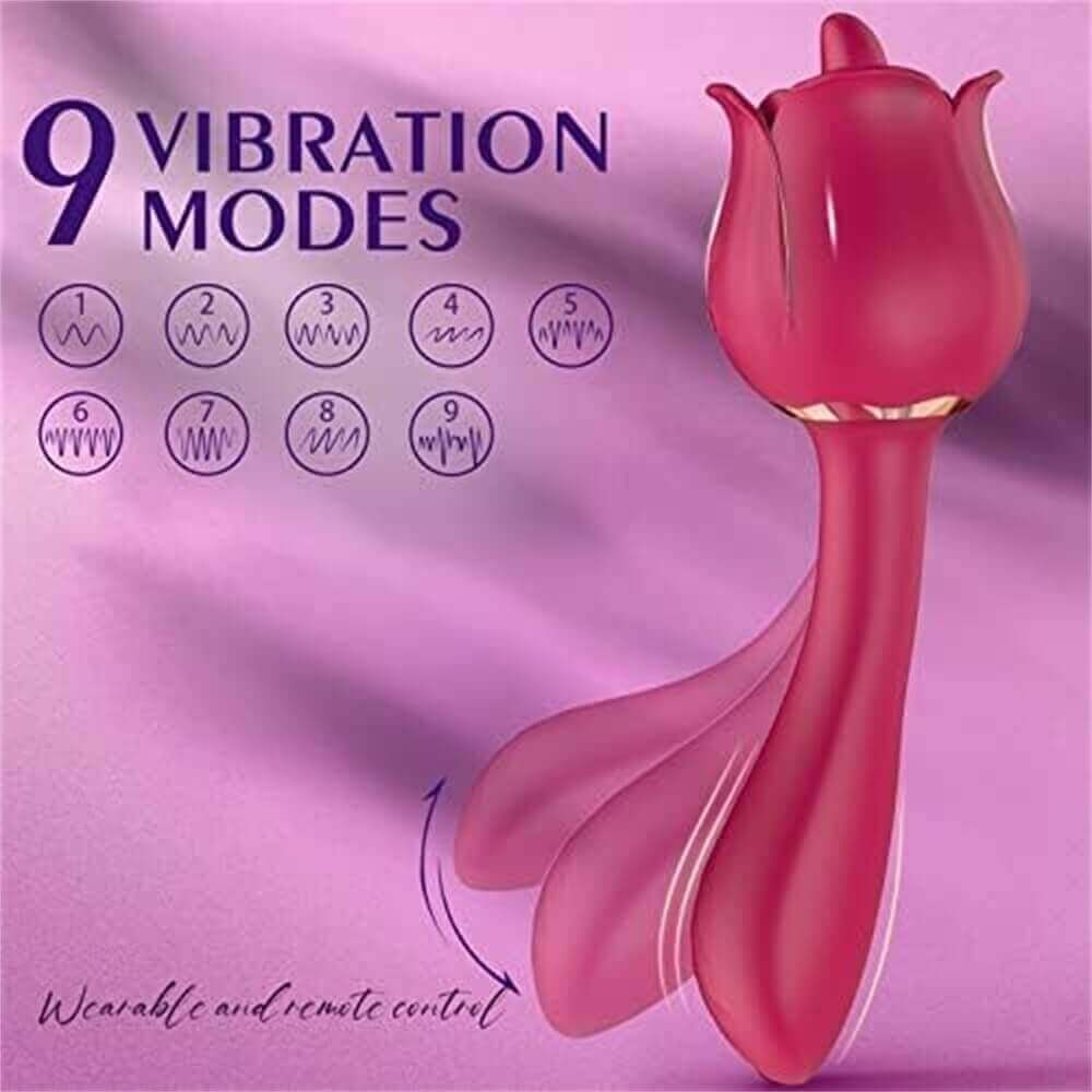 Rose tongue vibrator guide with nine waveform icons and an illustration of the curved stem moving between two positions