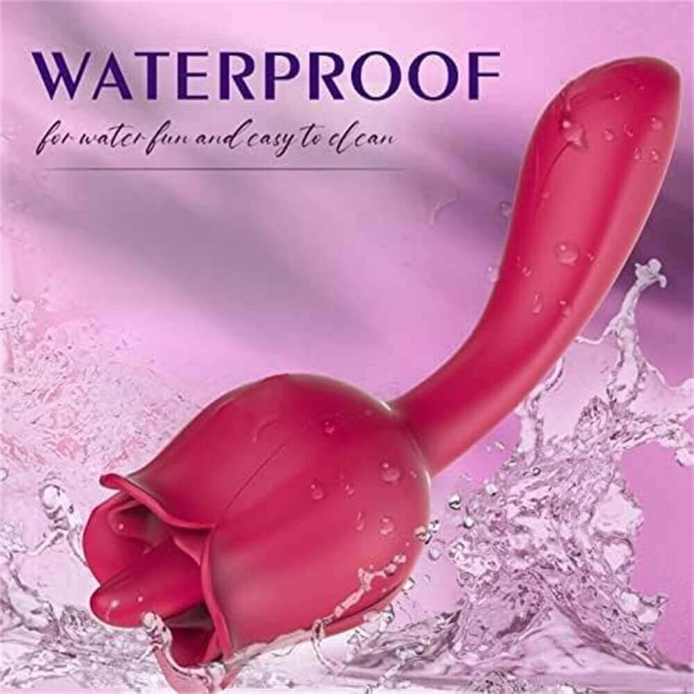 Rose tongue vibrator and curved stem pictured with water droplets and a water-resistance caption