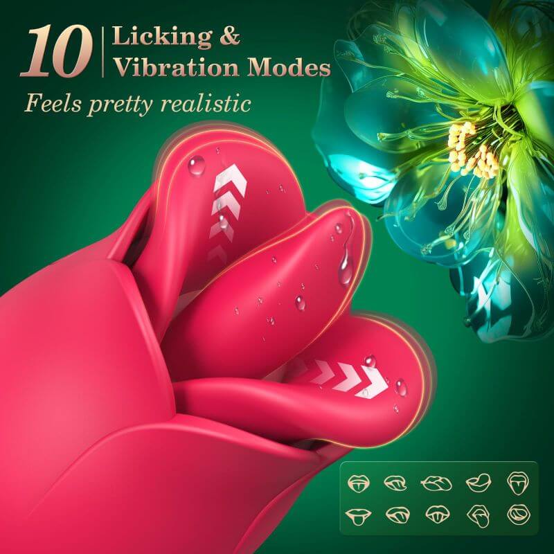 Close-up of the red rose tongue and moving petals labeled ten licking and vibration modes; arrows illustrate movement