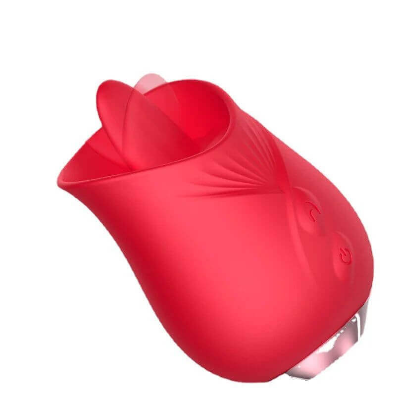 Red Rose Tongue vibrator with raised central tongue, petal-shaped body, two controls and a silver-colored base