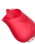 Red Rose Tongue vibrator with raised central tongue, petal-shaped body, two controls and a silver-colored base