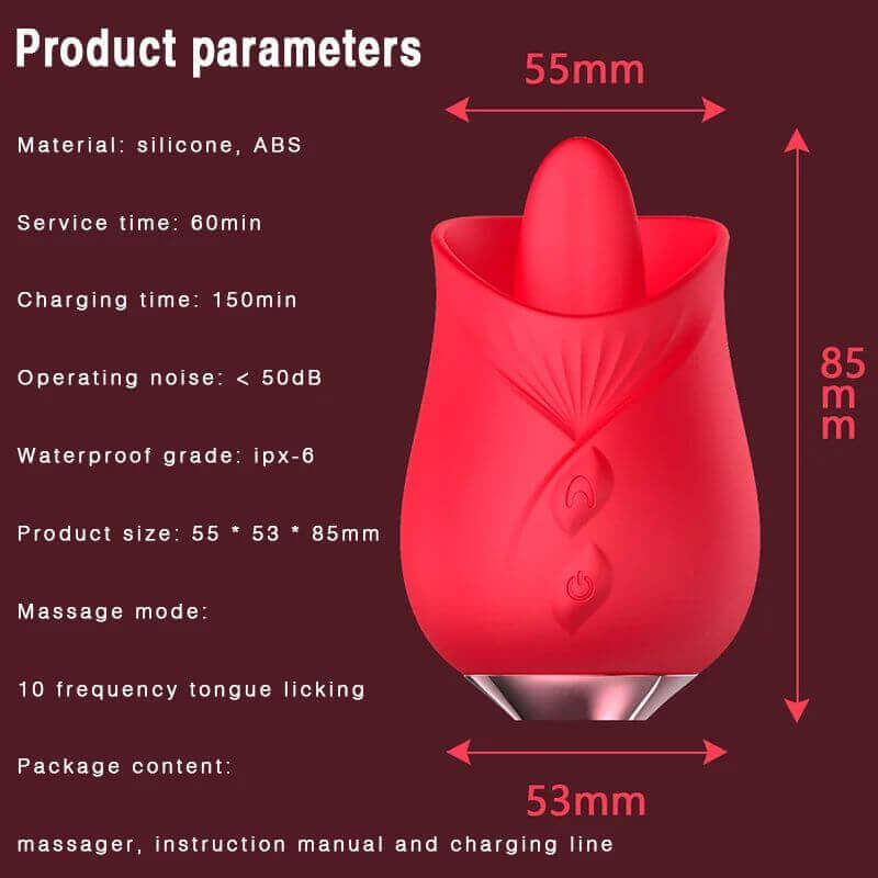 Rose Tongue specification diagram showing 55 by 53 by 85 mm dimensions, ten tongue modes and charging details