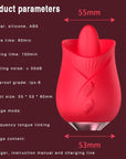 Rose Tongue specification diagram showing 55 by 53 by 85 mm dimensions, ten tongue modes and charging details
