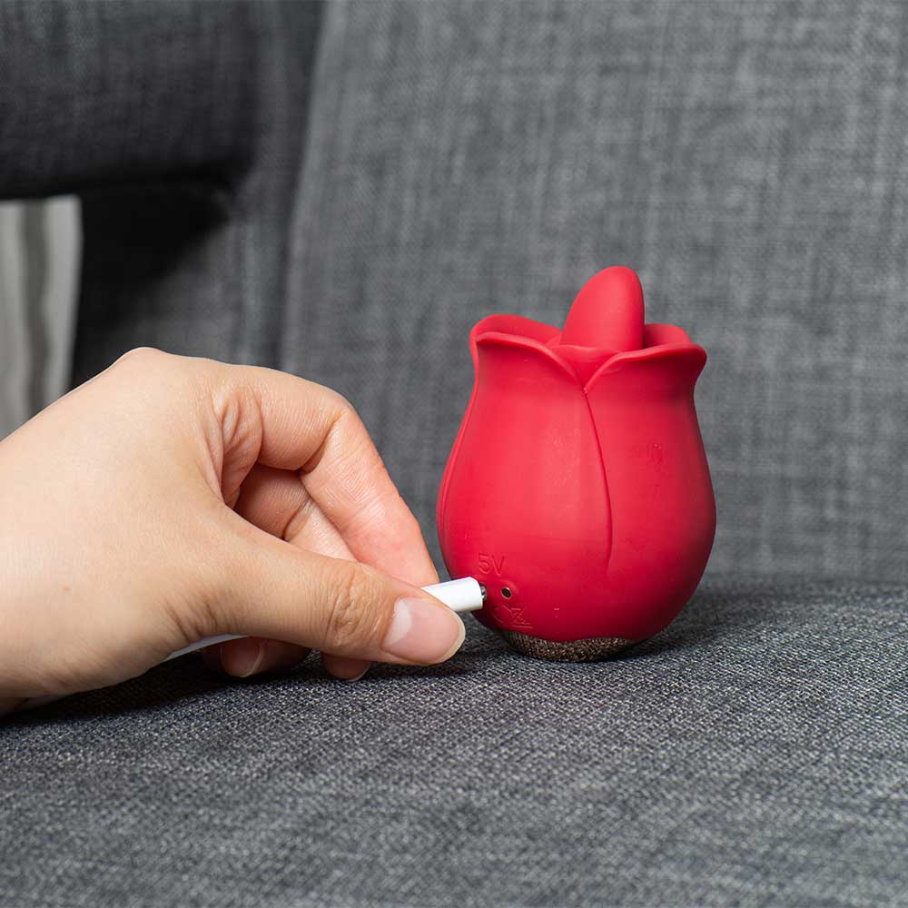 Red rose tongue vibrator with a hand connecting a white charging plug to the small rear charging socket above its gold-colored base