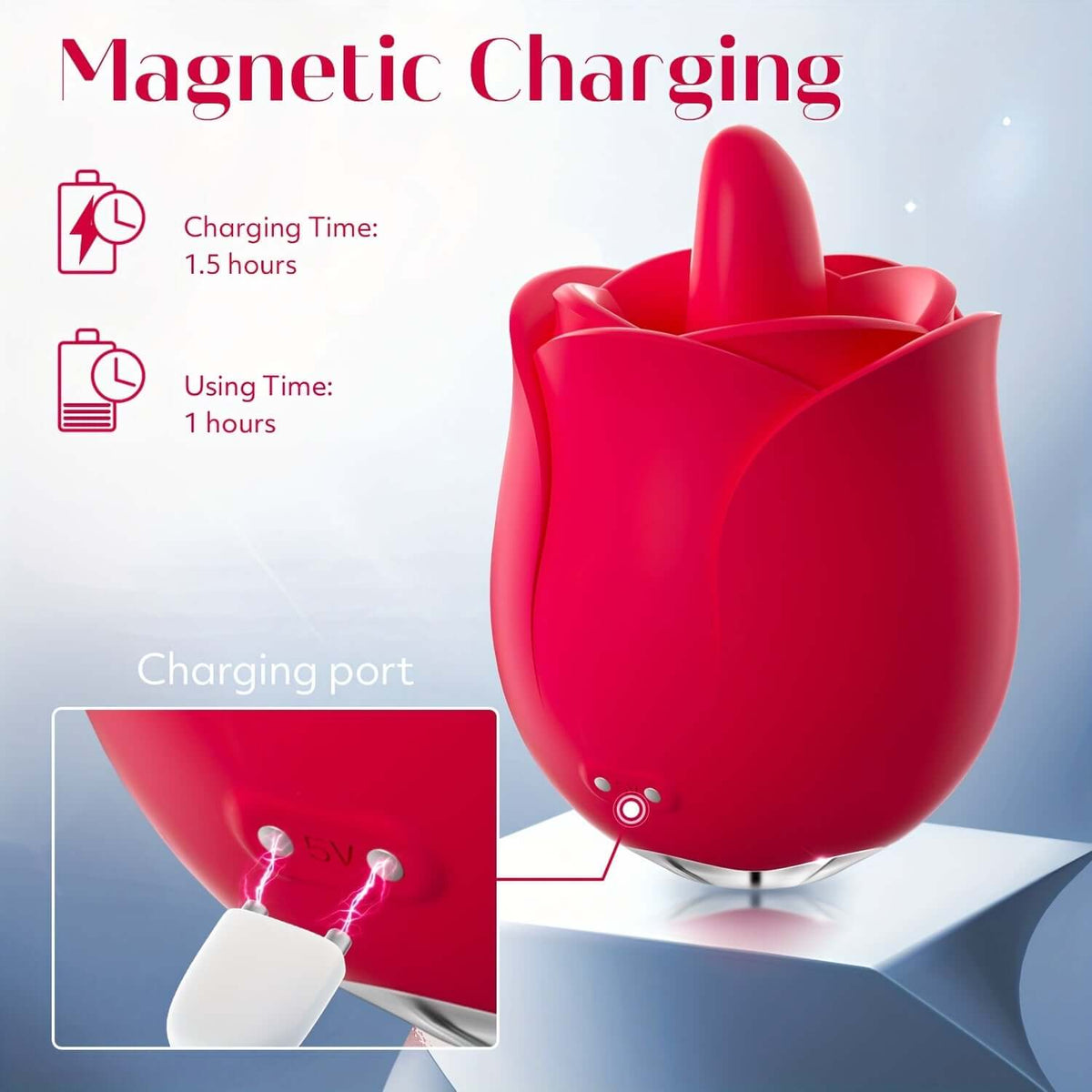 Rose Tongue Vibrator rear magnetic charging contacts with illustrated 90-minute charging and 60-minute operating estimates