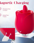 Rose Tongue Vibrator rear magnetic charging contacts with illustrated 90-minute charging and 60-minute operating estimates