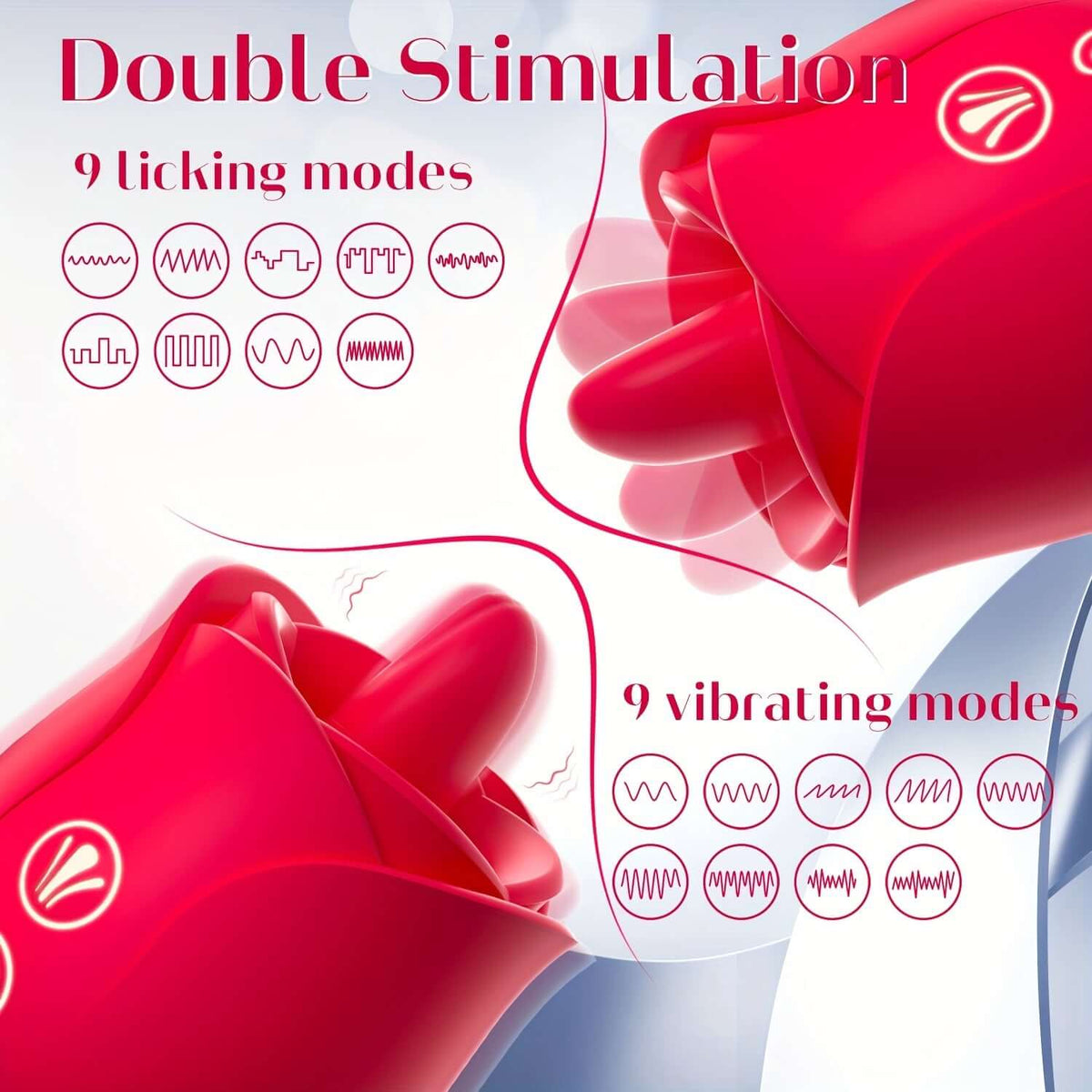 Rose Tongue Vibrator diagram showing nine licking patterns and nine vibration patterns around the raised tongue tip