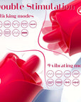 Rose Tongue Vibrator diagram showing nine licking patterns and nine vibration patterns around the raised tongue tip