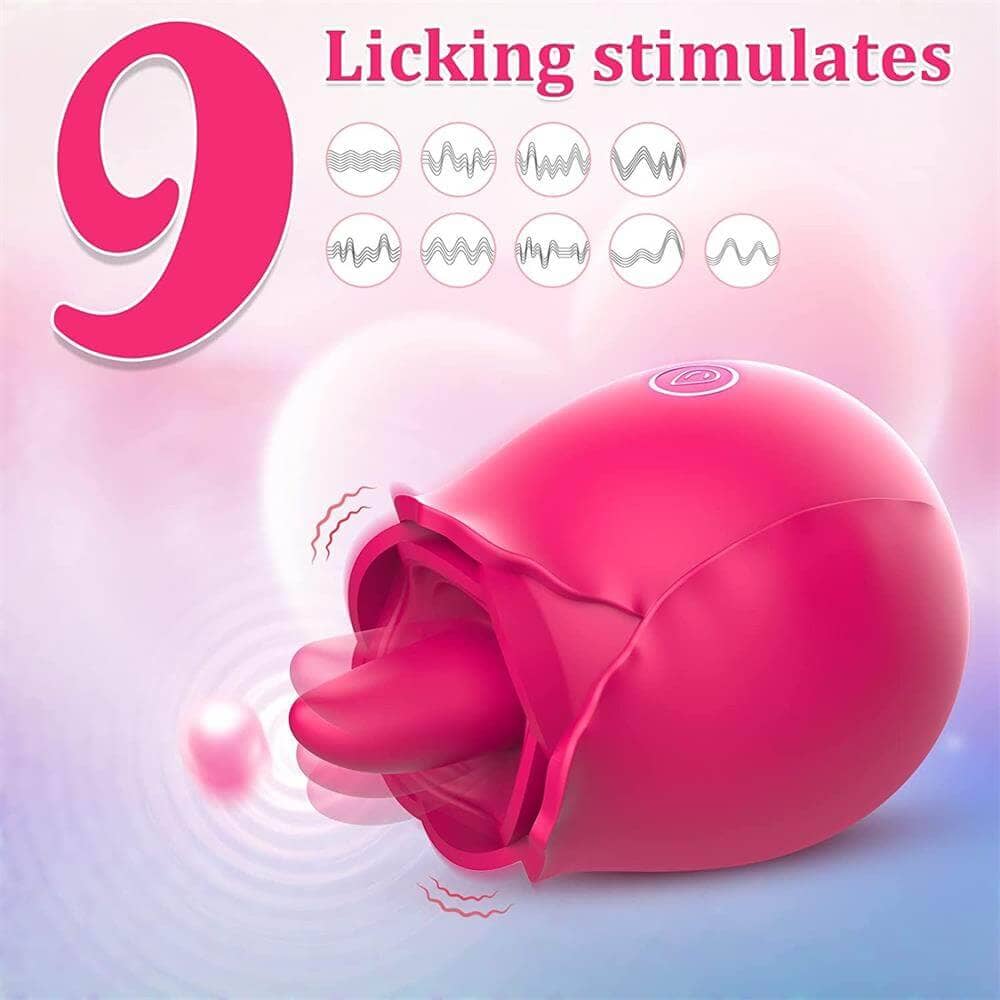 Nine-mode rose tongue vibrator feature graphic with nine rhythm symbols, a projecting tongue and illustrated movement beside the layered flower opening