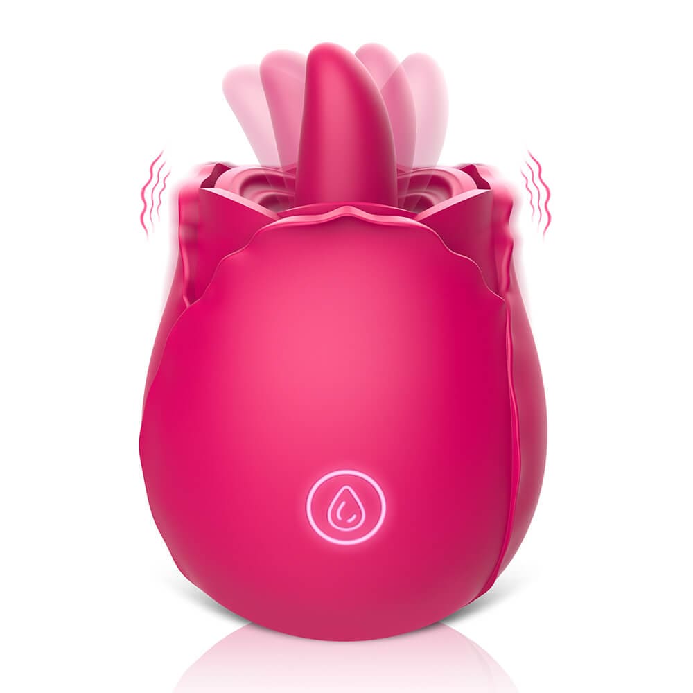Pink nine-mode rose tongue vibrator with a projecting rounded tongue, layered petals and one front button marked with a droplet symbol