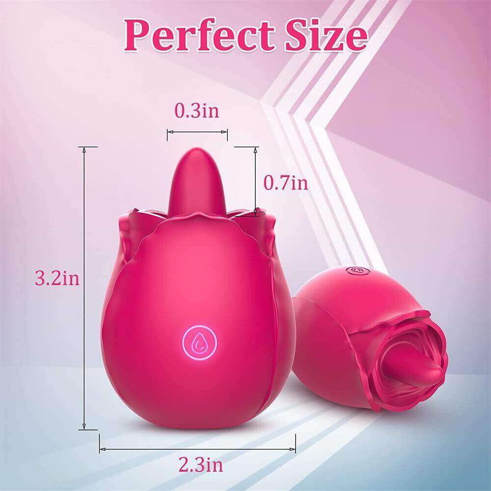 Nine-mode pink rose tongue vibrator size guide showing 3.2-inch overall height, 2.3-inch body width, 0.7-inch exposed tongue height and 0.3-inch tongue width