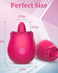 Nine-mode pink rose tongue vibrator size guide showing 3.2-inch overall height, 2.3-inch body width, 0.7-inch exposed tongue height and 0.3-inch tongue width