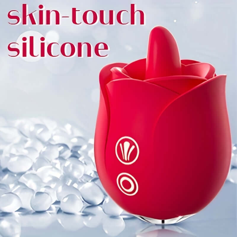 Red Rose Tongue Vibrator silicone body with raised tongue tip, decorative petal edges and two front button icons
