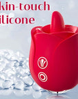 Red Rose Tongue Vibrator silicone body with raised tongue tip, decorative petal edges and two front button icons