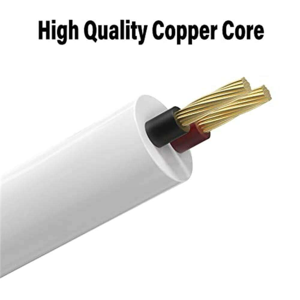 Cutaway illustration of the white charging cable showing insulated conductors and a copper-core label