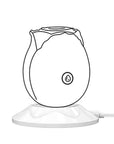 Outline of a rose-shaped device resting on the white round charging dock, with the cable exiting to the side