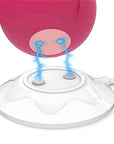 Illustrated alignment of two contacts on a white round magnetic dock with the underside contacts of a pink rose-shaped device
