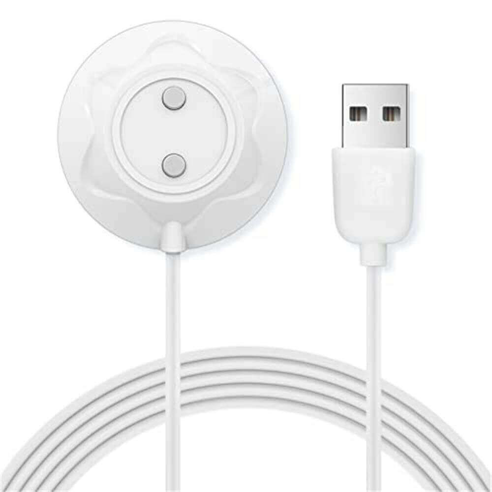White Rose Toy charging cable with a round magnetic dock, two exposed contacts and USB-A plug